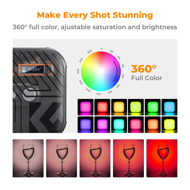 K&F Concept RGB Video Light, 360° Full Color Portable Photography Light, LED Camera Light w 21 Light Effects, 2500K-9900K CRI 96+, 2000mAh Rechargeable Photography Lighting for Vlogging, Selfie, Black