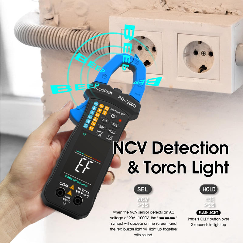 Digital Clamp Meter TRMS 6000 Counts Multimeter, WapoRich Ammeter Voltmeter Tester with Auto Range NCV Measures AC DC Voltage Current Resistance Continuity Capacitance Diodes Temp Frequency RQ-7200D