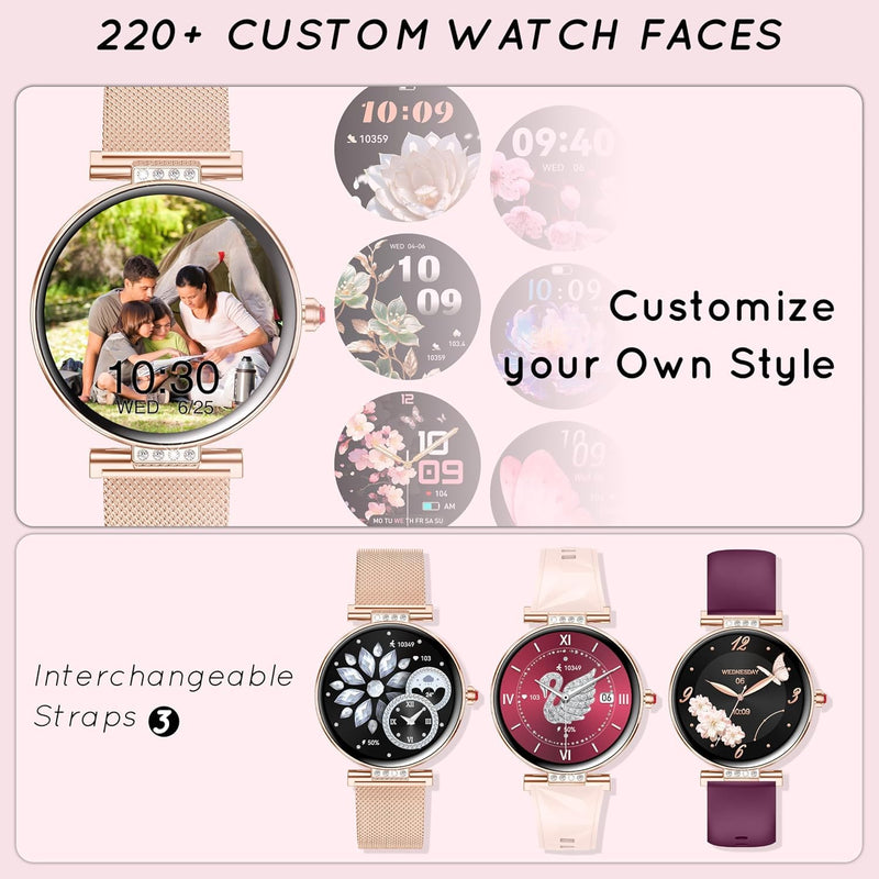 Smart Watch for Women for Android iPhone 3 Band 1.19” Small AMOLED 2000 Nit | Fitness Tracker Bluetooth Call/Heart Rate/SpO2/Sleep Monitor, DIY Dial, 120+ Sports Modes IP68 Waterproof, Rose Gold 1-Rose Gold