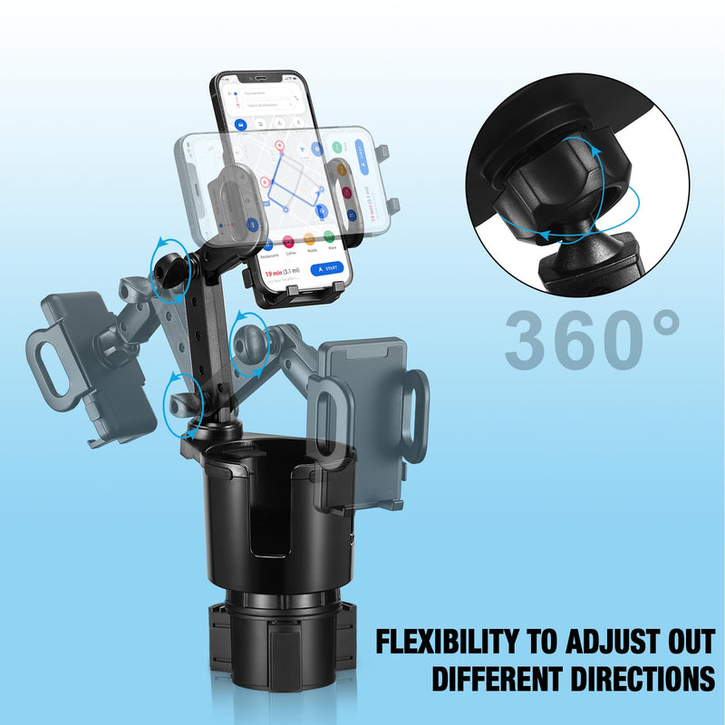 Cup Holder Phone Mount, 2 in 1 Cup Holder Expander for Car Long Arm with 360°Rotation Cup Holder Cell Phone Holder for Car Compatible with All Smartphones