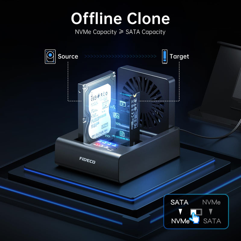 FIDECO Hard Drive Docking Station for M.2 NVMe SSD and 2.5"/3.5" SATA HDD with Bidirectional Offline Clone, M.2 NVMe to USB Adapter Cloner, SSD Reader with Foldable Cooling Fan