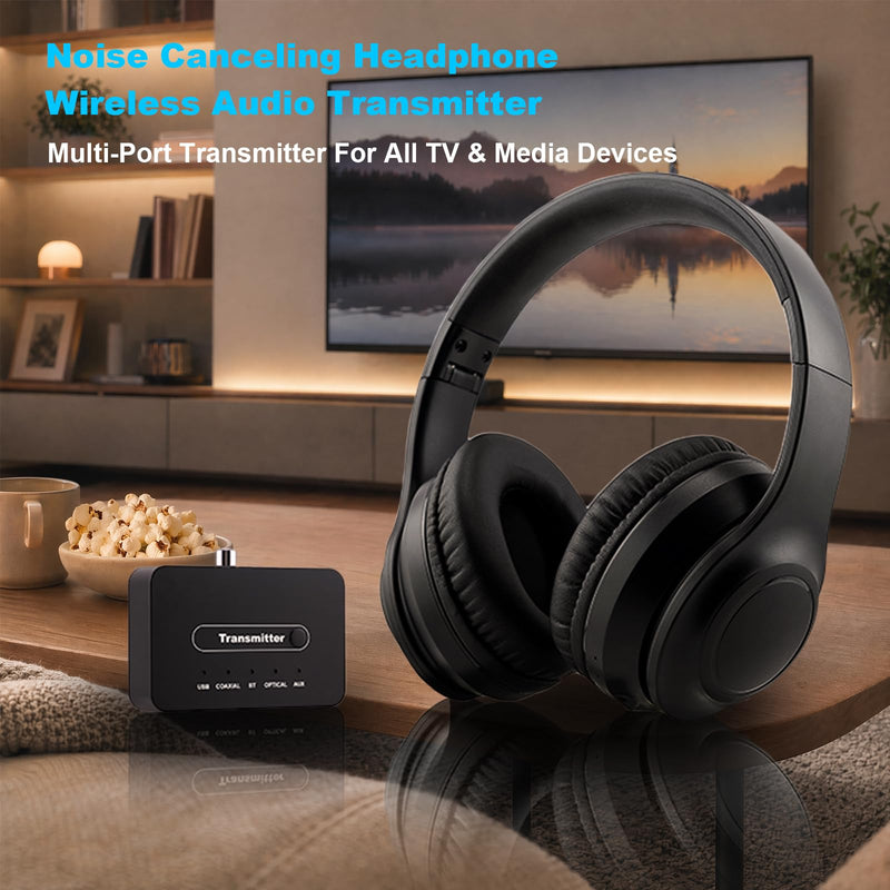 Wireless TV Headphone with Multi-Port Transmitter | Optical, Coaxial, RCA, USB, 3.5mm headphone jack port support, ANC headphone, Bluetooth 5.3 headset