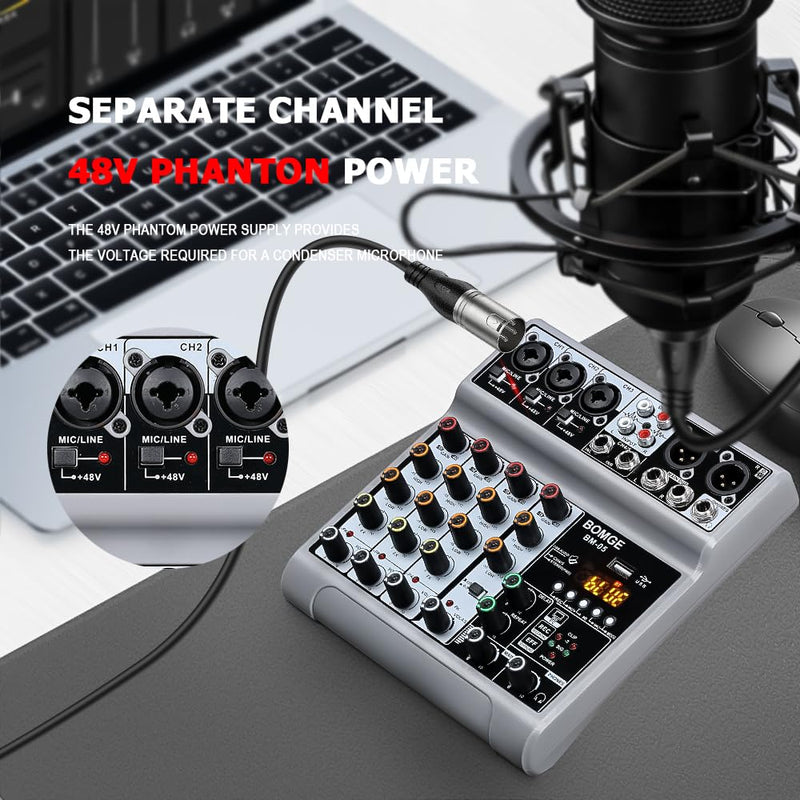 BOMGE Audio Mixer, Sound Board Mixing Console with 5 Channel Digital USB Bluetooth Echo Delay Effect, 48V Phantom Power Stereo DJ Mixers for Recording, Live Streaming, Podcasting (BM-05 5 canales) BM-05 5 canales