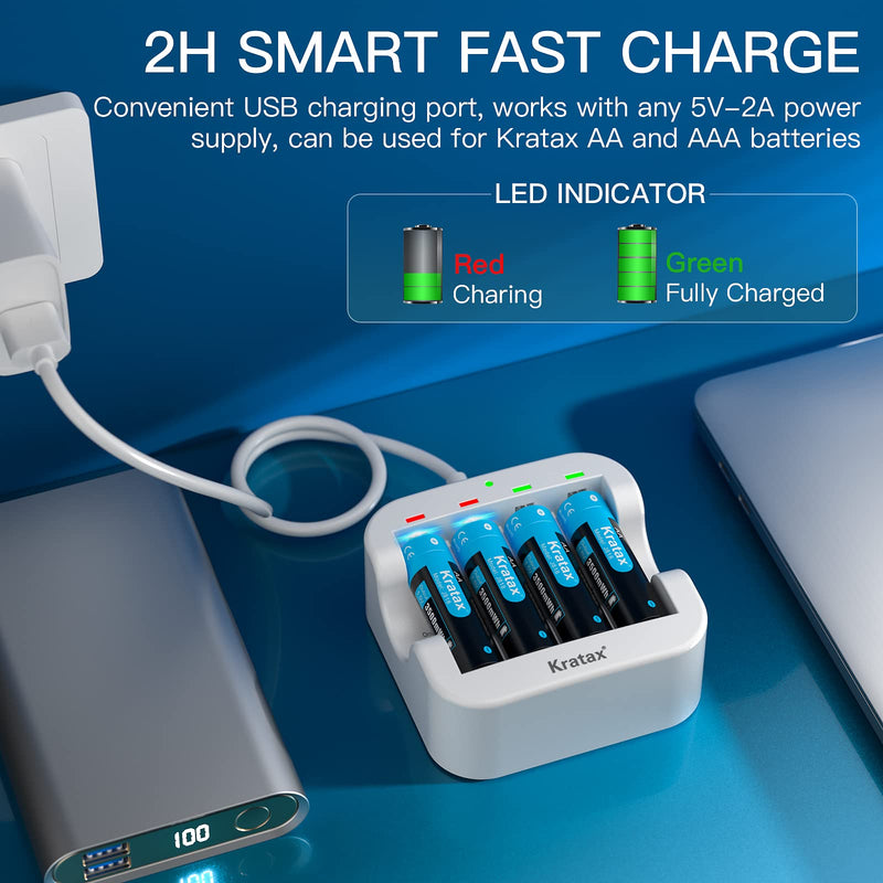 Kratax Rechargeable Lithium Batteries AA, 8 Pack 1.5V Li-ion Batteries with 2H Fast Charge, 3500mWh High-Capacity, 1600 Cycles, Long-Lasting, 3A Current Output, Constant Voltage Output for Household 8 AA batteries & Charger