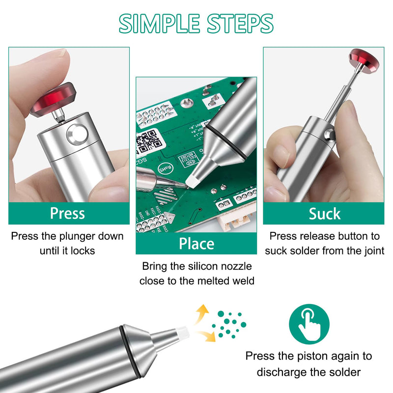 All-Metal Vacuum Soldering Extraction Desoldering Pump, with 2 Silicone Nozzles and 2 Soldering Wires, High Suction Power, High Temperature Resistant, Perfect Desoldering Tool for Soldering Removal 1