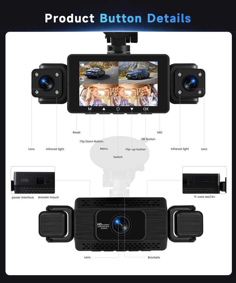 4 Channel 360° Dash Camera Front and Rear Inside Left Right, 3 Inch Dash Cam Support WiFi, Built-in Night Vision Sensitive Motion Detection 24/7 Recording Parking Mode Monitor Reversing Help 3 Inch with WiFi