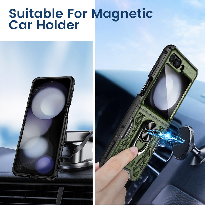 VEGO for Z Flip 5 Case with Hinge Protection, 360°Ring Magnetic Kickstand & Camera Screen Protector & Belt Clip Holster, Military Grade Shockproof Case for Samsung Galaxy Z Flip 5 - Green