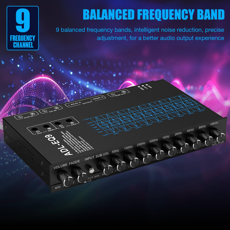 Facmogu 9-Band Car Audio Equalizer, Graphic EQ with 8V RMS Line Driver | Front/Rear/Sub RCA Output | AUX/CD Input | Subwoofer Frequency Control for Car Stereo, Boat, RV & Half-DIN Audio Systems