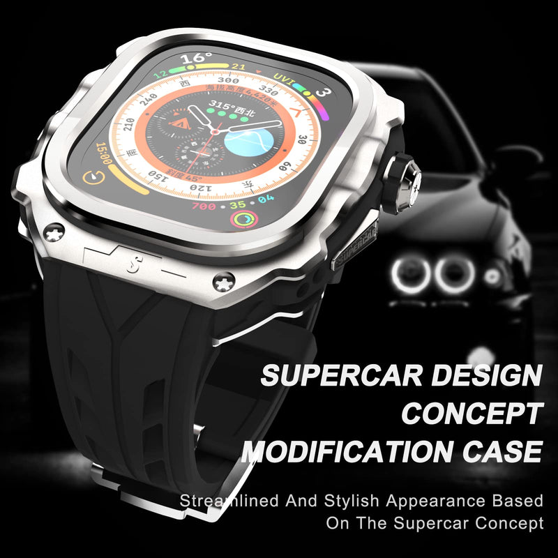 Luxury Metal Case for Apple Watch Ultra 49mm Band with Cover Heavy Duty Rugged Case Silicon Strap for men Full Protective Cover Silver Knight