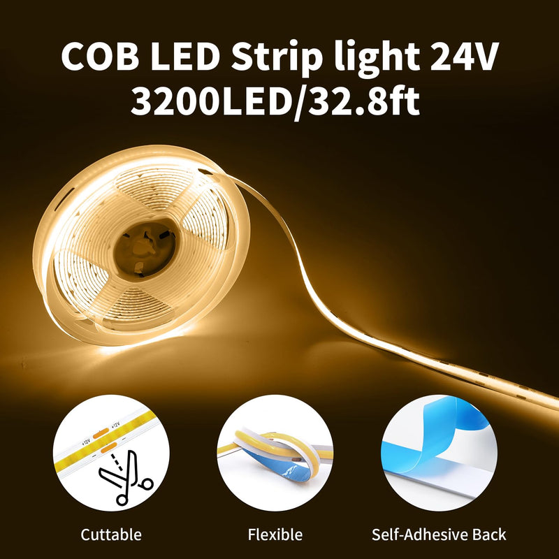 24V COB Led Strip Lights WarmWhite 3000K, 32.8FT/10M CRI 93+ Cob Led Tape Lights 3200Leds Flexible Dimmable Lights Strip for Bedroom, Mirror, Cabinet, Kitchen Room Decor(Only Strip) Warm White(not included power adapter)
