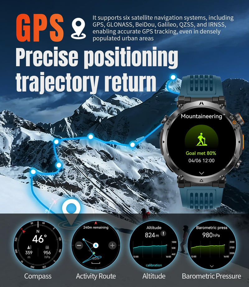 Military Smartwatch for Men with GPS, 850nAh, 1.7-Inch HD Outdoor Watch | 3ATM Waterproof, Answer/Make Call, with LED Flashlight / 100+ Sports Modes / Fitness Tracker, Compatible with Android & iOS Blue tape