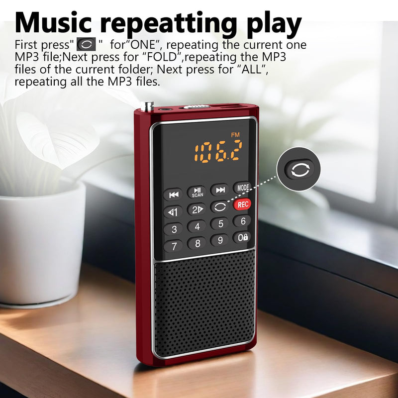 [AUSTRALIA] - Small FM Radio Pocket Portable Radio,Rechargeable Battery Operated,USB/Micro SD Card/TF Card Slot Mp3 Player,Numeric Key, with Recorder,Excellent Reception and Sound,Suitable for Home & Outdoor Use RED 