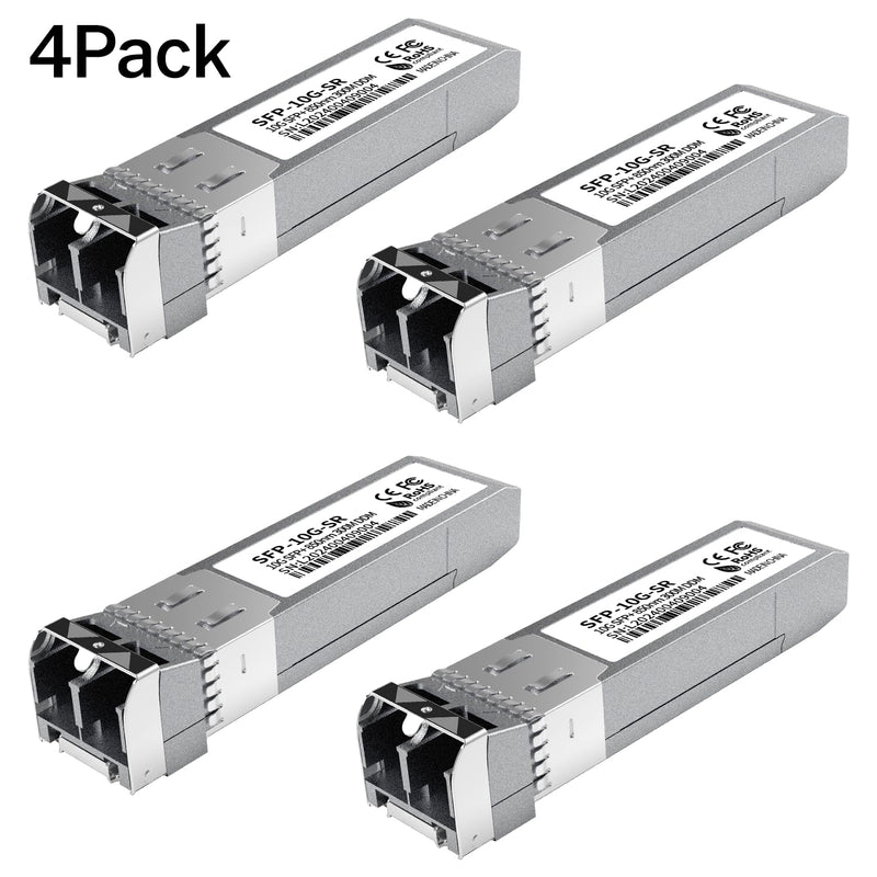 4PCS 10GBase-SR SFP+ Module, Multi-Mode LC Ethernet Transceiver, 10G 850nm MMF up to 400m, Compatible with Cisco SFP-10G-SR, Meraki, Ubiquiti UF-MM-10G, Mikrotik, Netgear, HPE, TP-Link, Aruba and More 4PCS 10G SFP to LC MultiMode