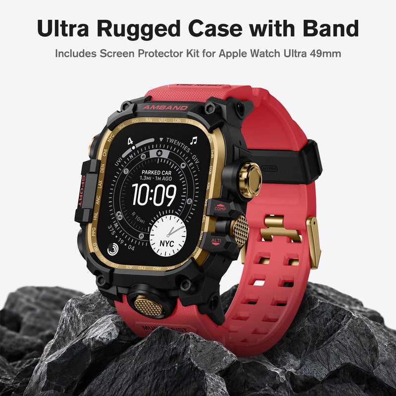 amBand Bands Case Screen Protector Compatible with Apple Watch Ultra 3/2/1 49mm for Men, M3 Rugged Protective Case with Band and 9H Tempered Glass for iWatch Ultra 49mm Men Red 49mm - Ultra 3/Ultra 2/Ultra