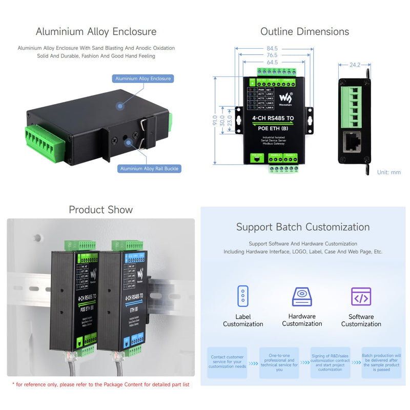 waveshare 4-Ch RS485 to RJ45 Ethernet Serial Server, 4 Channels RS485 Independent Operation, Rail-Mount Industrial Isolated Serial Module, Modbus Gateway, PoE Ethernet Port