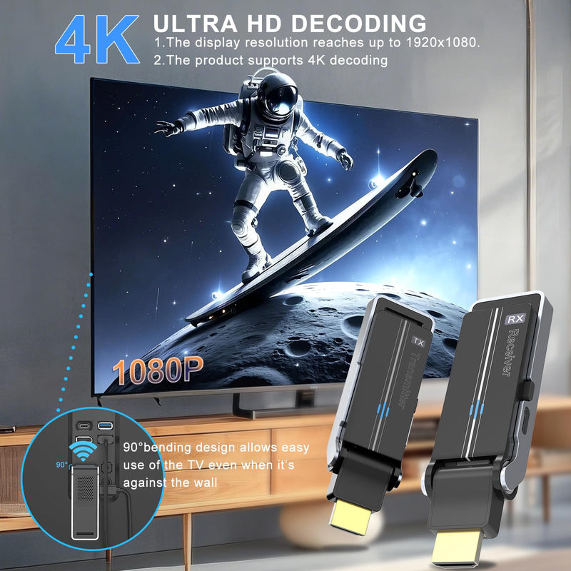 [AUSTRALIA] - Wireless HDMI Transmitter & Receiver Kit with Heat Dissipation, 90° Bendable Interface, Dual-Band 2.4G/5G - Stream Video & Audio from Laptops/TV Boxes/Projectors to Monitors (Equip USB-C to HDMI) 