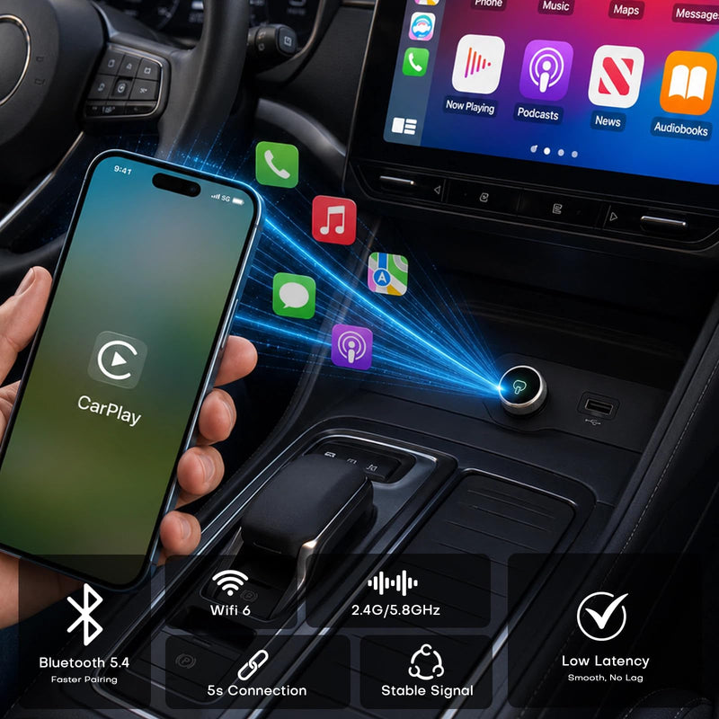 Wireless CarPlay Adapter for iPhone & Android Device | Fast Auto-Connect, Stable Connection, Mini Size Plug，Apple iPhone & Android, 2-in-1 Adapter, Convert Wired to Wireless Dongle