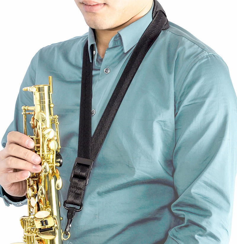 Saxophone Neck Strap, Soft Adjustable Sax Leather Padded for Alto Tenor Soprano Baritone Sax, Clarinet Black-2