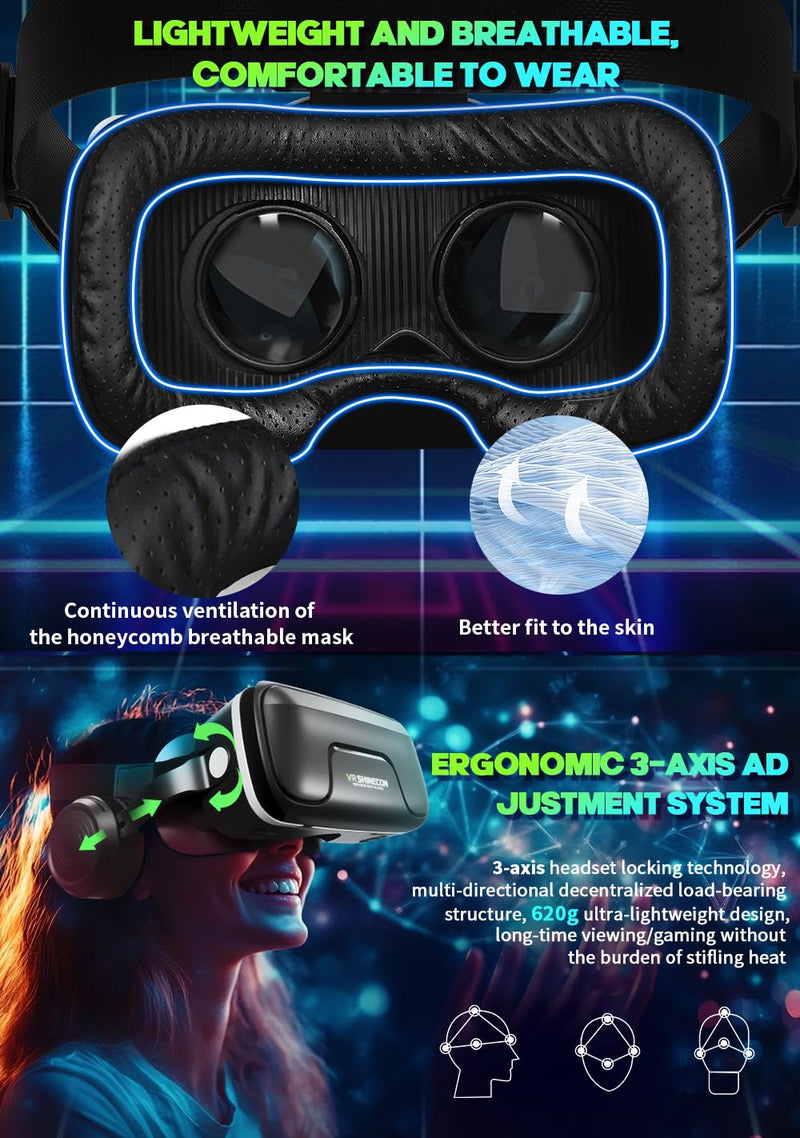 VR Headset with Built-in Headphones, 120° FOV & Aspherical Lenses for Smartphones - Immersive 3D Movies and Gaming Glasses