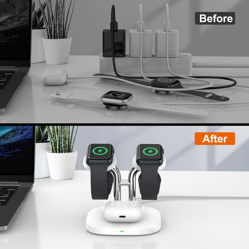 Dual Watch Charger Stand for Apple Watch, 3 in 1 Wireless Charging Station Stand Compatible with Apple Watch Ultra 2/9/8/7/6/5/3/2/SE, Wireless Charger Dock for Airpods Pro 2/3/2 (White) White