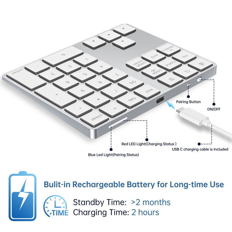 Bluetooth Number Pad, Rechargeable Wireless Numeric Keypad Slim 34-Keys Aluminum Number Keypad External Data Entry Compatible for Laptop Silver Regular 326 Bluetooth