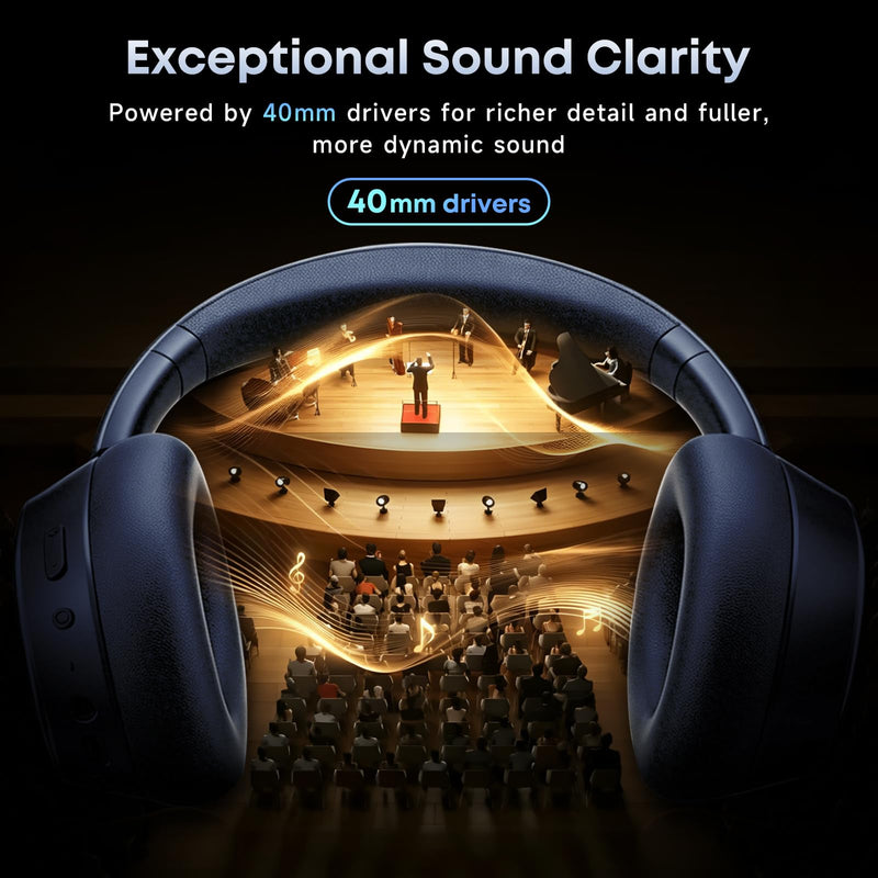 Hybrid Active Noise Cancelling Bluetooth Headphones Wireless Headphones | Over Ear, 120H Playtime, Hi-Res Audio, Deep Bass, Memory Foam Ear Cups for Home Office Travel Black，blue Blue