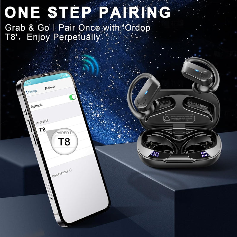 Ordtop Sport Wireless Earbuds with Earhooks, 70H Playtime, IPX8 Waterproof | Bluetooth 5.4, 4 ENC Microphones, Deep Bass Sound, LED Display, USB-C Fast Charging, Secure Fit For Running, Gym And Workouts Deep Black