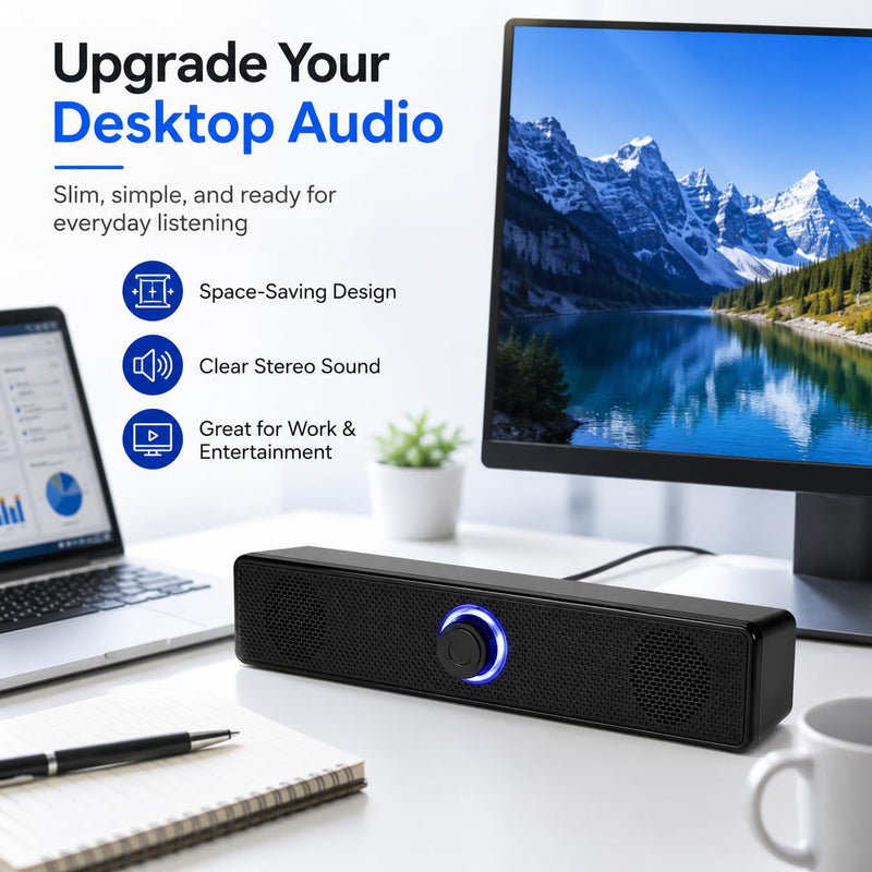 Computer Speakers USB-A Powered Wired Stereo Desktop Speaker,Portable,with 3.5mm AUX, Volume Knob LED Ring for PC Laptop No Bluetooth,Computer accessorie Black