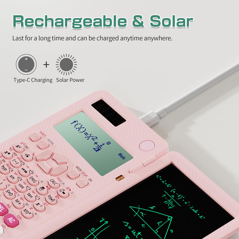 991ES MAX 417 Functions Scientific Calculators 4-Line Display with Notepad | ROATEE Rechargeable CalcNote, Foldable Portable for High School College Students and Teacher Back to School Supplies(Pink) Pink