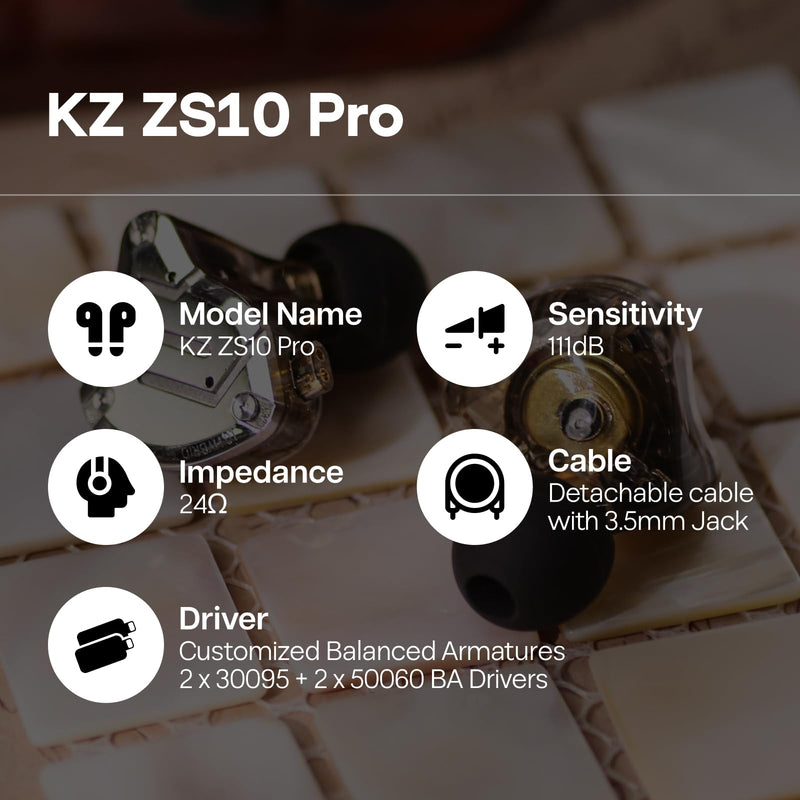 Linsoul KZ ZS10 Pro, 4BA+1DD 5 Driver in Ear Monitor, HiFi Wired Earbuds, Gaming Earbuds, Hybrid IEM Earphones with Stainless Steel Faceplate, Detachable Cable for Musician(Without Mic, Black) Without Mic