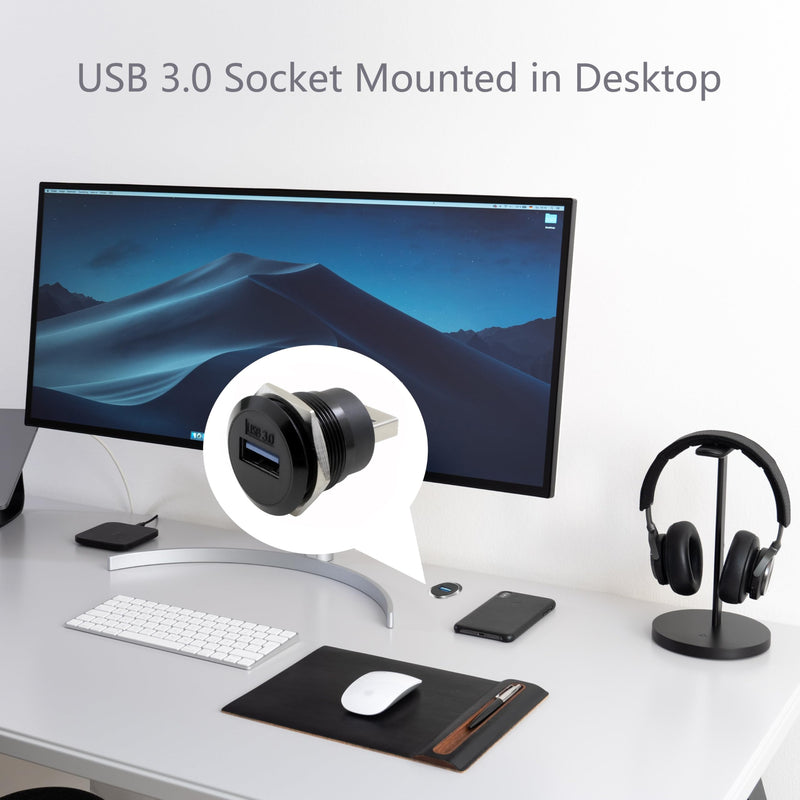 5-Pack USB3.0 Male to Female Panel Mount Adapter, Threaded Socket, 5Gbps | Dust cover included with threaded round socket and nut fixing for 5Gbps data transfer and charging, black 5-Pack Black