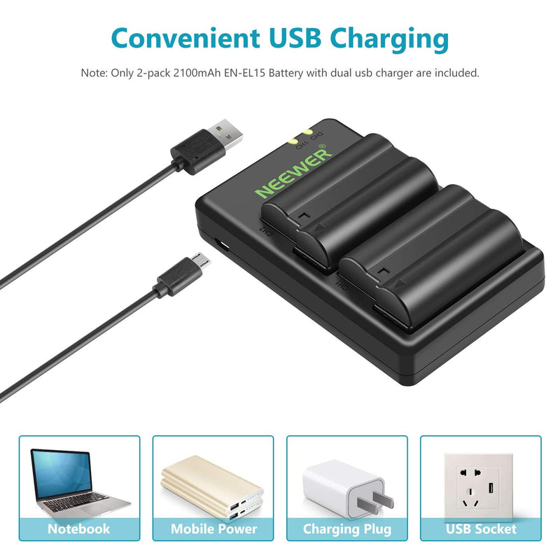 NEEWER Replacement Battery and Charger Set for EN-EL15, Compatible with Nikon Z5, Z6, Z6 II, Z7, Z7II, D780, D850, D7500, D750, D800, D7000, D7100, D7200 Batteries (2-Pack, Micro USB Port, 2100mAh)