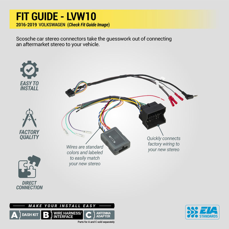Scosche LVW10 Link Factory Radio Replacement Interface Adapter Compatible with Select Non-Amplified 2016-19 Volkswagen Vehicles - Retain Steering Wheel Control - Car Stereo Wiring Harness