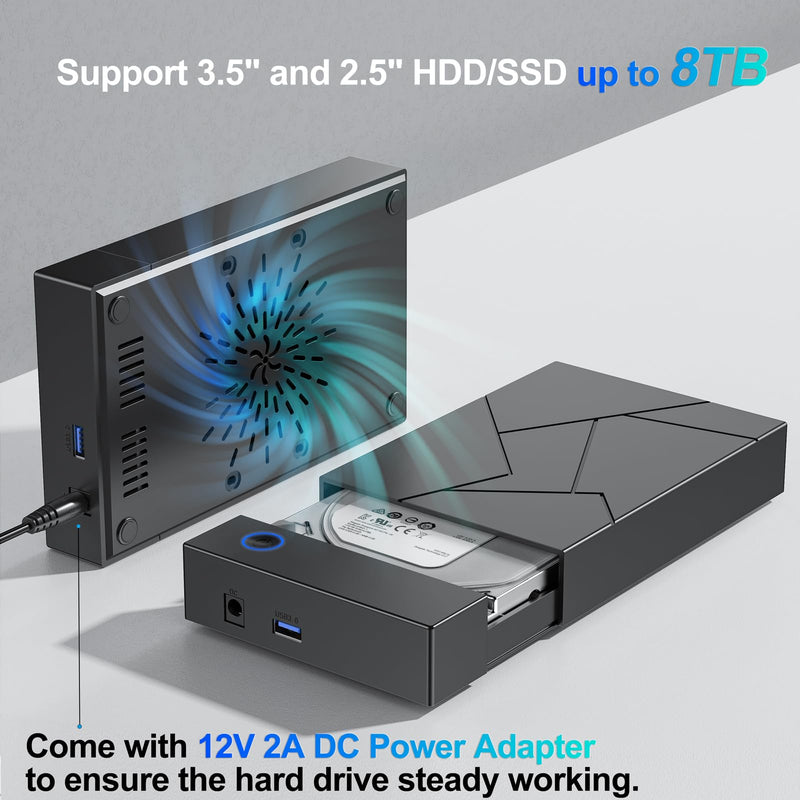 Hard Drive Enclosure 3.5, FEMORO USB 3.0 External Hard Drive Case with 12V Power Adapter for 3.5 2.5 inch SATA HDD SSD Reader, up to 8TB, Support UASP for Laptop Computer 2.5''+3.5''