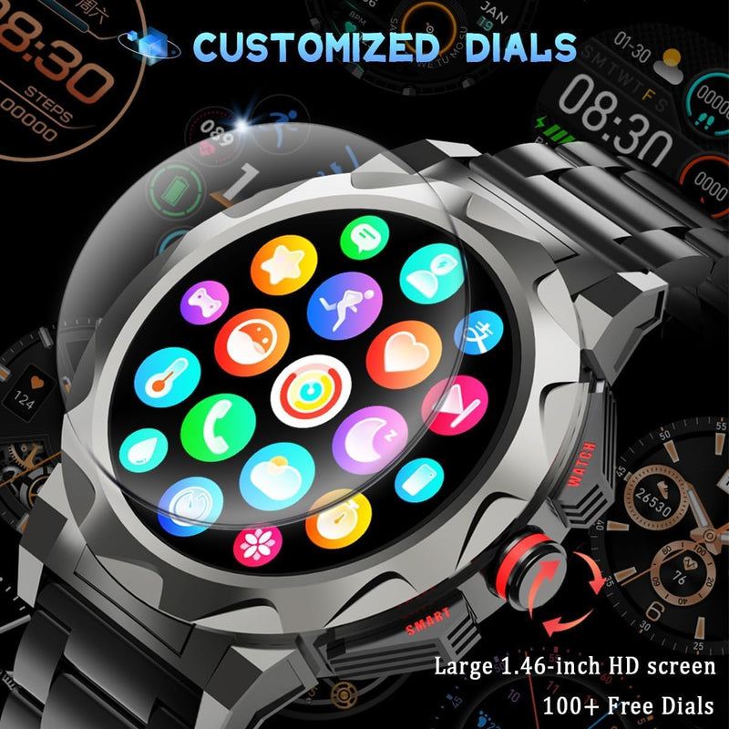 Men Smart Watch (Answer/Make Call) Fitness Tracker Heart Rate Pedometer Calories 100+ Sport Modes Ip68 Waterproof Rugged Military Tactics Smartwatch Men for Android iPhone