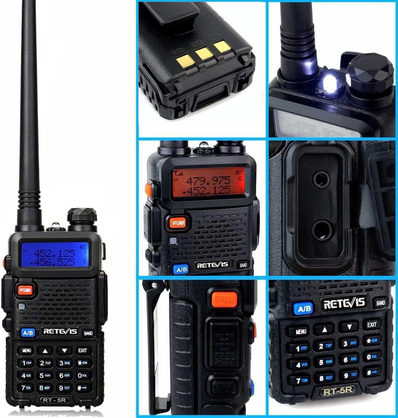 Retevis RT5 Dual Band Two Way Radio, Long Range Walkie Talkies, Flashlight Police Handheld Radio, VOX Rechargeable 2 Way Radio with Earpiece (2 Pack) Black