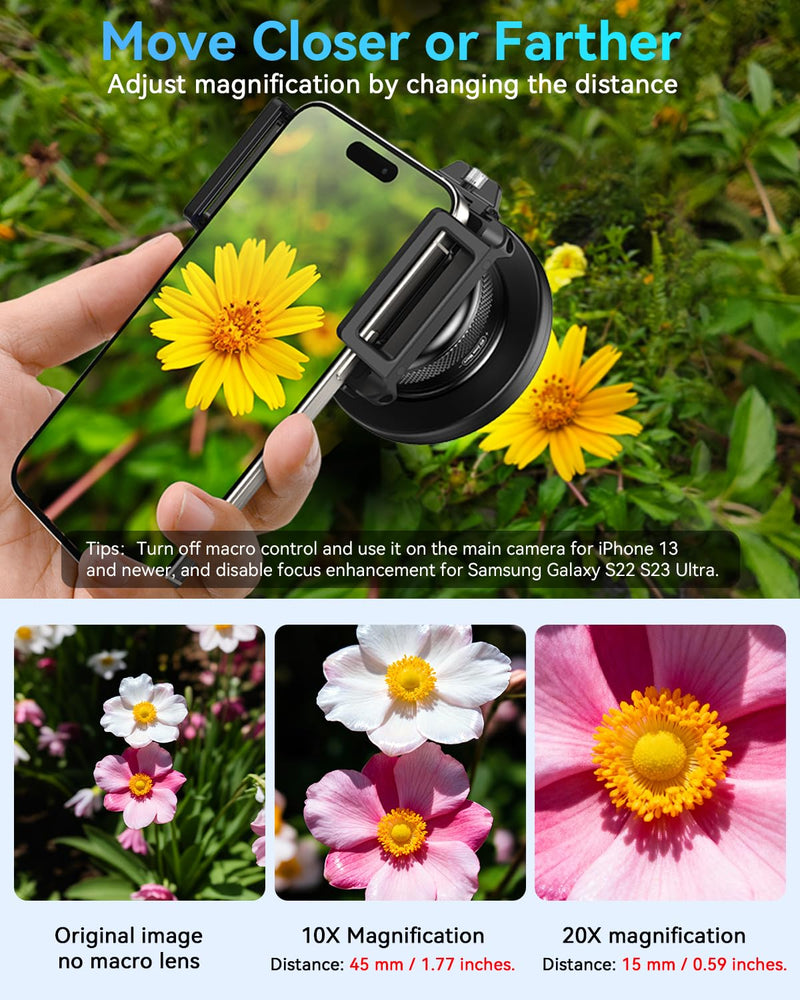 10-20X Zoom Macro Lens Kit with Fill Light for Smartphone | Macro Phone Lens with Universal Lens Clip, HD Macro Photography Lens for iPhone & Android Phone, Phone Macro Lens Attachment Blue