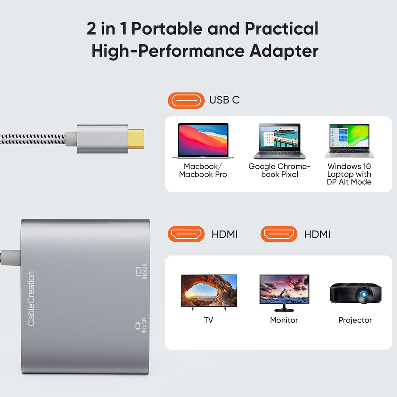 USB C to Dual HDMI 4K, CableCreation USB Type C (Compatible Thunderbolt 3) to 2 HDMI Adapter, Compatible with MacBook Pro 2019/2018/2017,XPS 13/Surface Book 2,Chromebook Pixel, Yoga 710, Aluminum Gray Dual HDMI 4K@30Hz