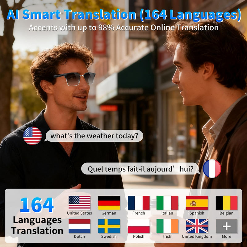 AI Translation Glasses, 164 Languages Real-Time Translator, Black Plastic Frame, Bluetooth 6.0, IP67 Waterproof, Voice Assistant for Business Travel (photochromic Lenses) photochromic lenses