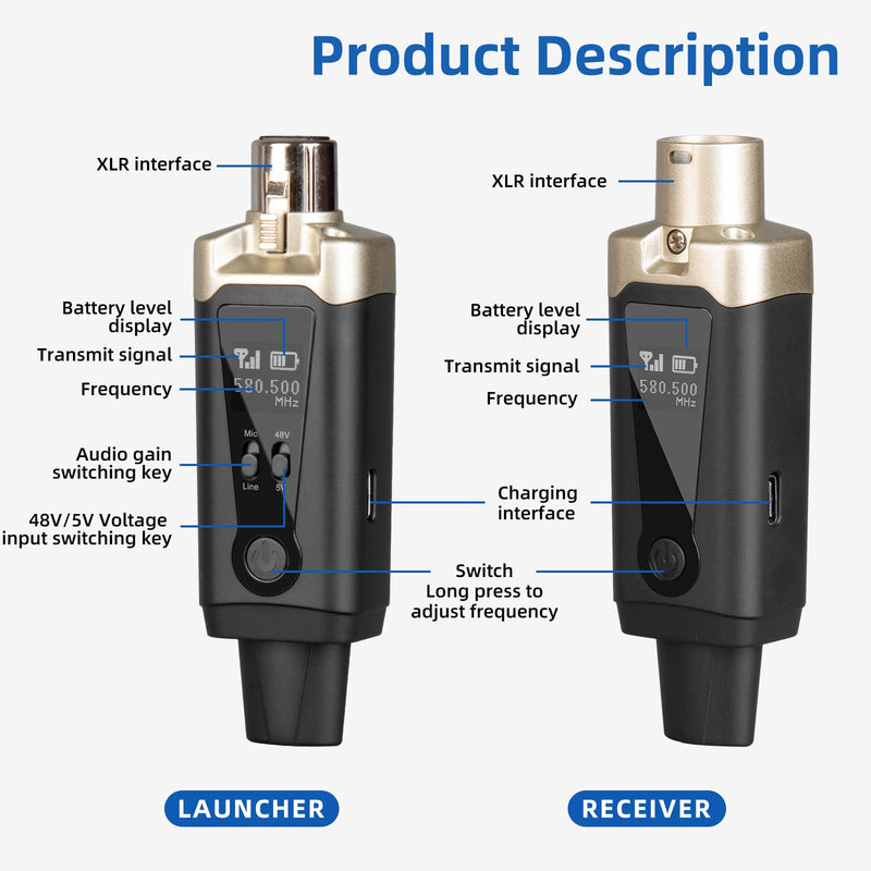 Depusheng T9 Wireless guitar transmitter receiver, Wireless Microphone Transmitter Receiver XLR Microphone Wireless System for Dynamic and condenser Microphone Audio Mixer, With 48V phantom power