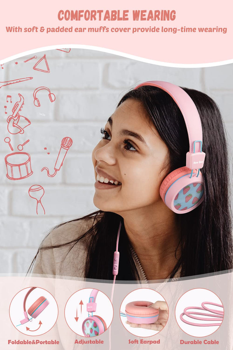 Kids Headphones for School with Microphone New bee KH20 HD Stereo Safe Volume Limited 85dB/94dB Foldable Lightweight On-Ear Headphone for PC/Mac/Android/Kindle/Tablet/Pad (Pink) Pink
