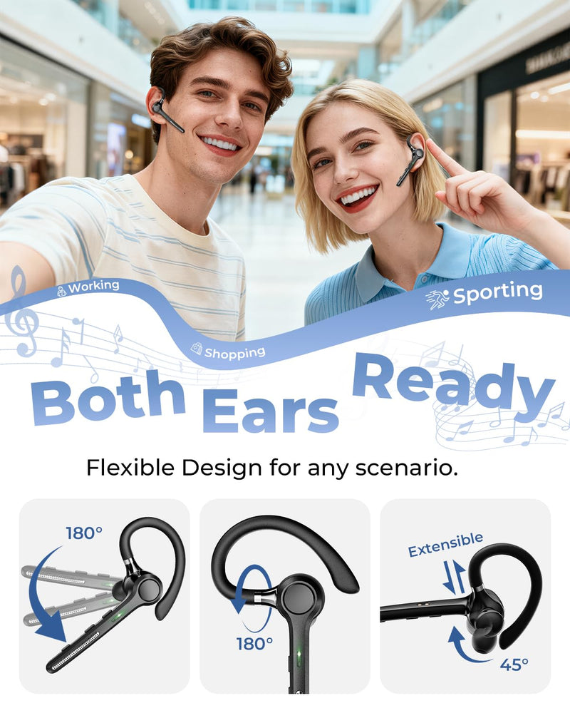 [AUSTRALIA] - Ngsod Bluetooth Headset V5.4, Bluetooth Earpiece with 500mAh Charging Case, 50H Talk Time Wireless Headset with Mic for Computer Cell Phones, Hands Free Noise Canceling Headphones for Work Trucker Black 