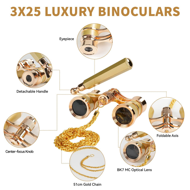 3X25 Opera Glasses Binoculars with Adjustable Handles Exquisite Chain,BK7 HD Optical Lens for Theater Binoculars, Theater Glasses for Adults (Gold) gold