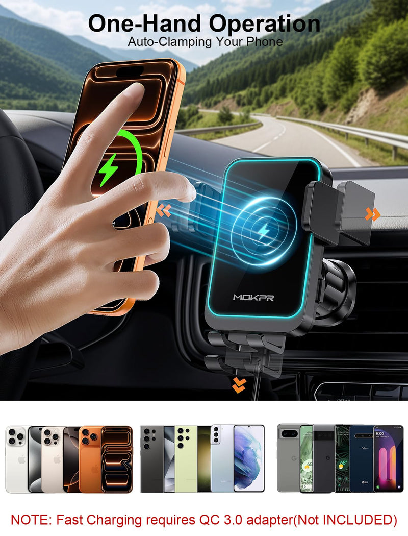 Wireless Car Charger Auto Clamping LED Car Charger Dash Windshield Air Vent | Phone Holder Compatible with iPhone 17 16 15 14/13/13 Pro/12 pro/12/11/X/8, Samsung S24/S23/S22 Series Dashboard
