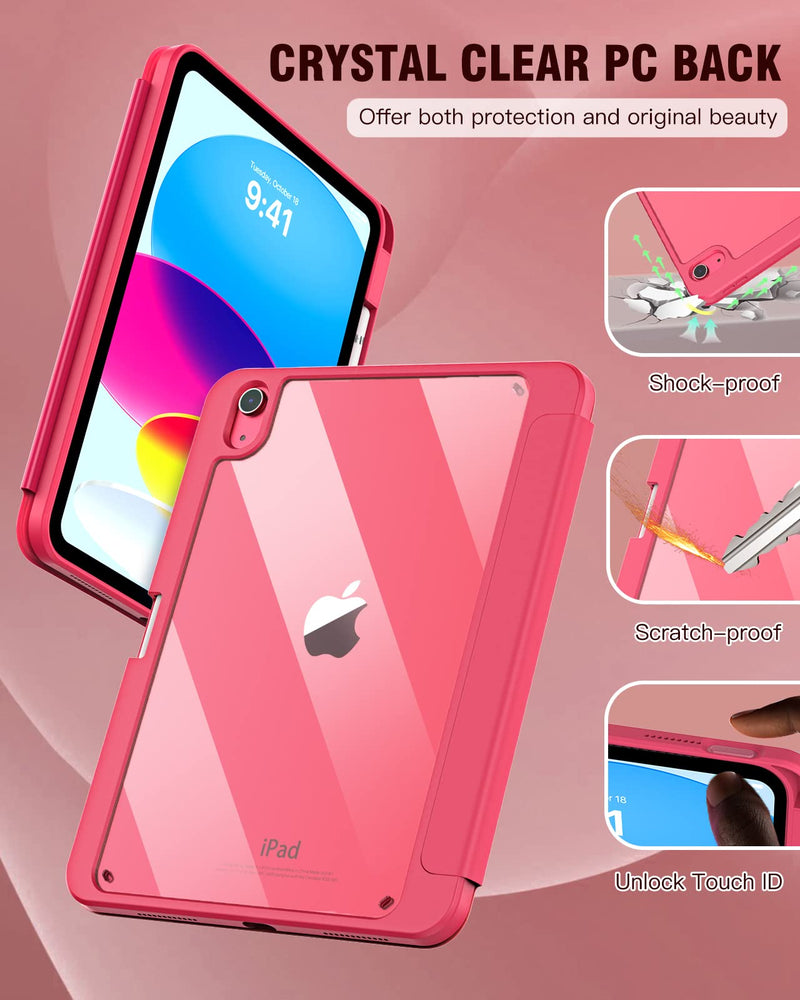 TiMOVO for iPad 10th Generation Case with Pencil Holder iPad 10.9 Inch Case 2022, iPad Case 10th Generation Hybrid Slim Tri-fold Stand Protective Cover with Clear Back for iPad 10, Watermelon Pink Watermelon Red
