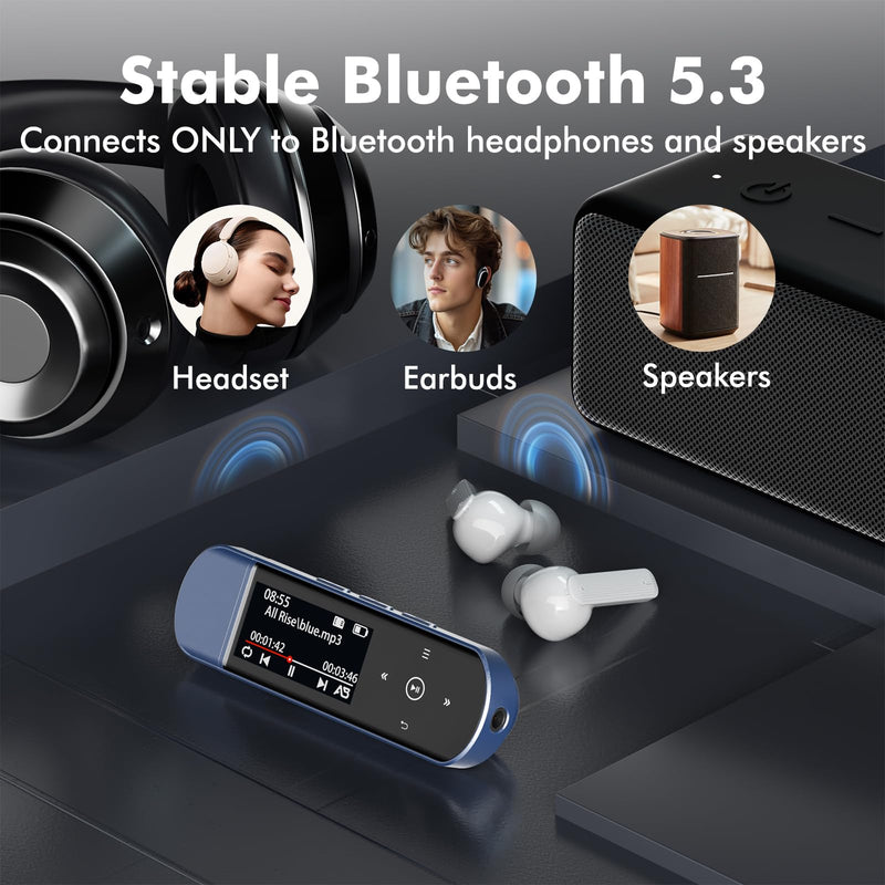 RUIZU 64GB USB MP3 Player with Bluetooth 5.3, Clip Jam Portable Music Player for Sports Running, USB MP3 Player Stick with FM Radio, Voice Recorder, Digital Audio Shuffle Repeat, Phone File Transfer Blue
