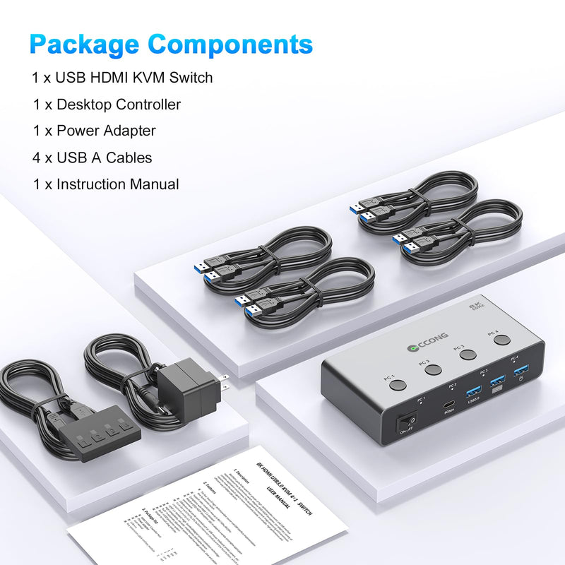 5G USB3.0 HDMI KVM Switch 4 Computers 1 Monitor, KVM Switch 4 Port,8K60Hz | with 3 USB3.0 and 1 USBC Ports Share Monitor Keyboard Mouse Printer, with 4 USB 3.0 Cables and Extended Controller Gray 13.5 cm 8K 4 PC 1 Monitors