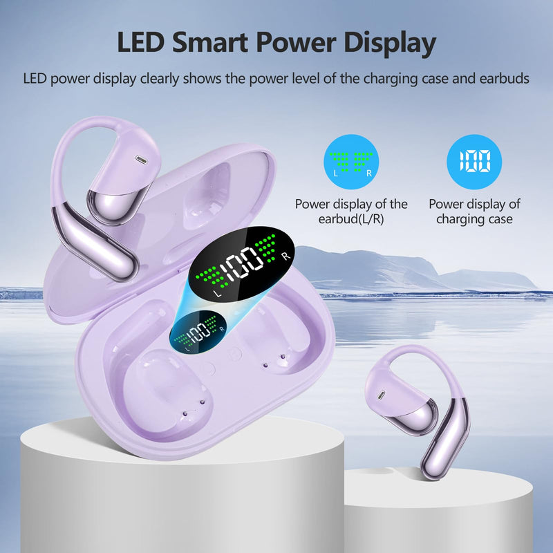 Open Ear Headphones,Over Ear Buds Clip Wireless Earbuds Bone Conduction Built-in Mic Earhook,Bluetooth 5.4 LED Display,60H Playtime Touch Control Design for Cycling,Running,Office,Ear Hooks Q16-H3 Violet