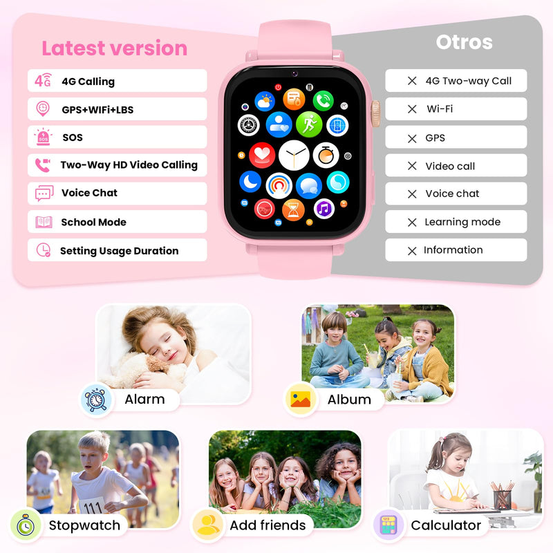 4G Kids Smart Watch for Boys Girls GPS Tracker, Children Watches Phone Call | Smartwatch Phone Gifts for Teens Toddler Ages 4-12 Years with SIM Card Video & Voice Call SOS, Parental APP, Class Mode Light Pink