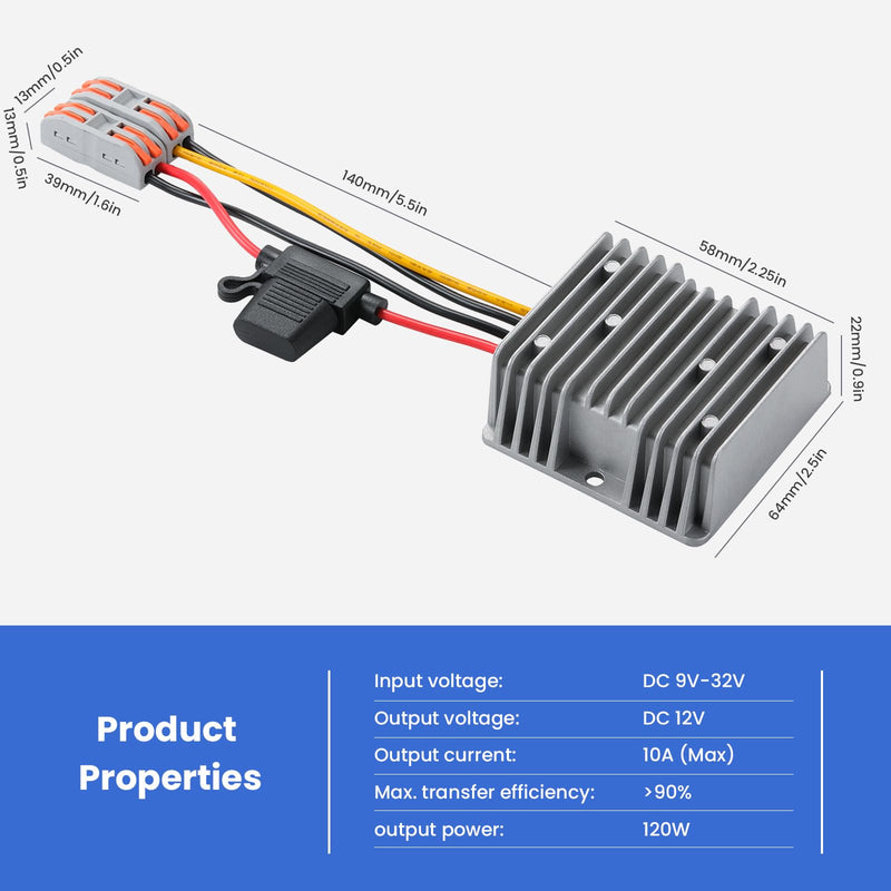 DC 9V-32V to 12V10A Voltage Converter, 24V Step Down to 12V 120W Buck With Safety Fuse and Clamps, Voltage Regulator, Power Supply Adapter, Truck Step-Down Volt Gray-DC 9-32V to 12V 10A